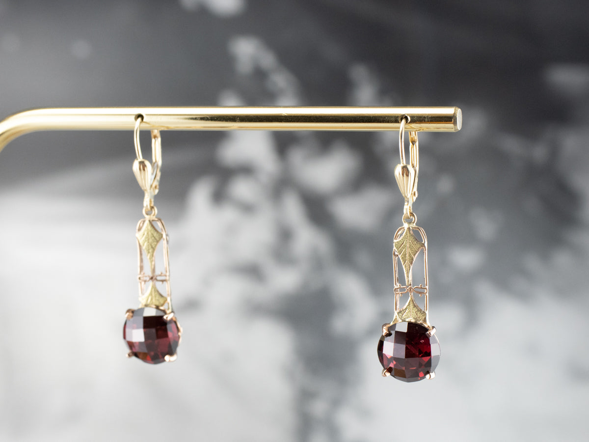 Garnet Gold Filigree Bar Drop Earrings