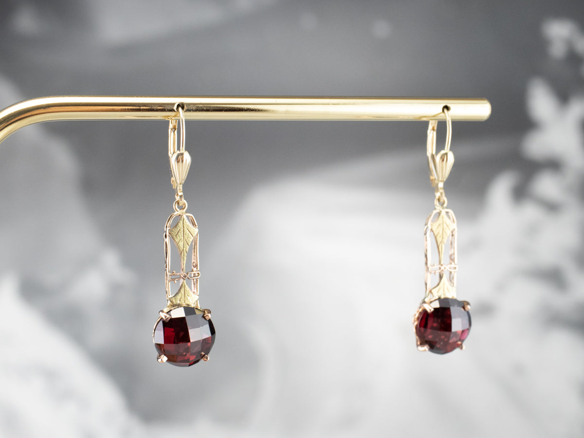 Garnet Gold Filigree Bar Drop Earrings
