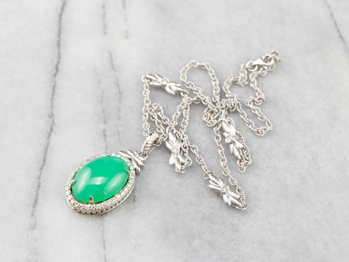 Chrysoprase Diamond Halo White Gold Pendant Necklace