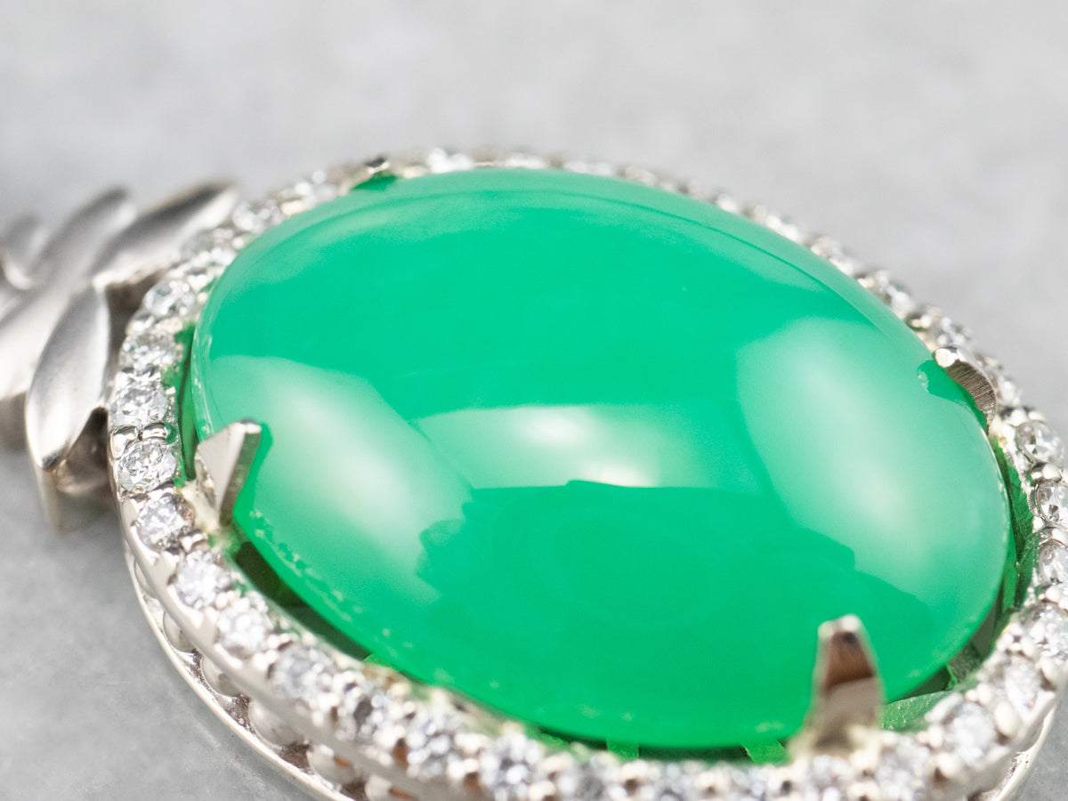 Chrysoprase Diamond Halo White Gold Pendant Necklace
