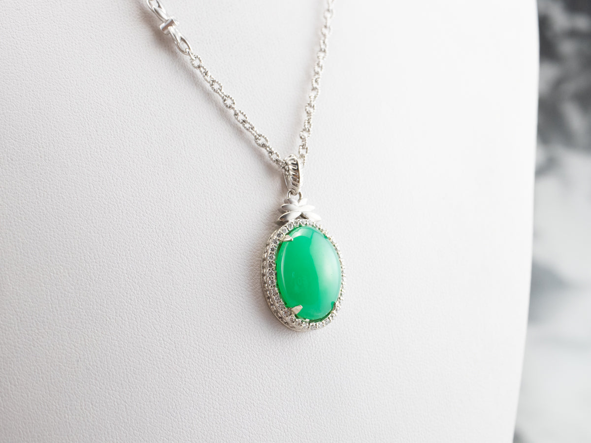 Chrysoprase Diamond Halo White Gold Pendant Necklace