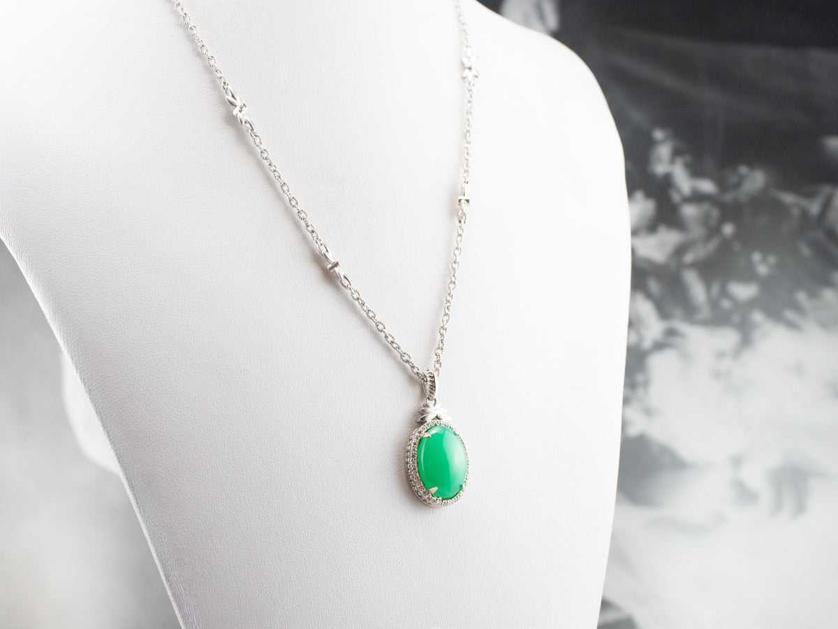 Chrysoprase Diamond Halo White Gold Pendant Necklace