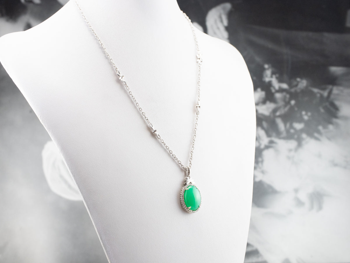 Chrysoprase Diamond Halo White Gold Pendant Necklace