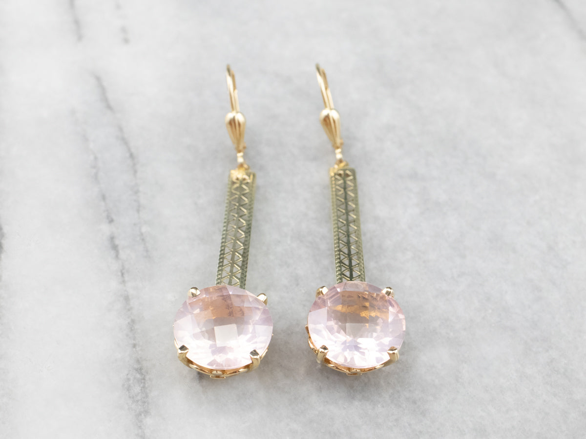 Rose Quartz Gold Filigree Bar Drop Earrings