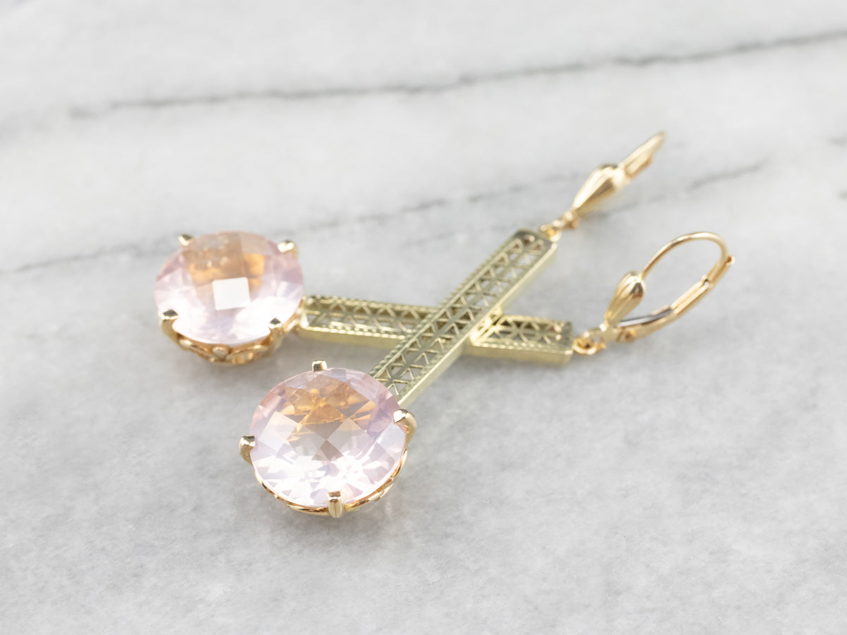 Rose Quartz Gold Filigree Bar Drop Earrings