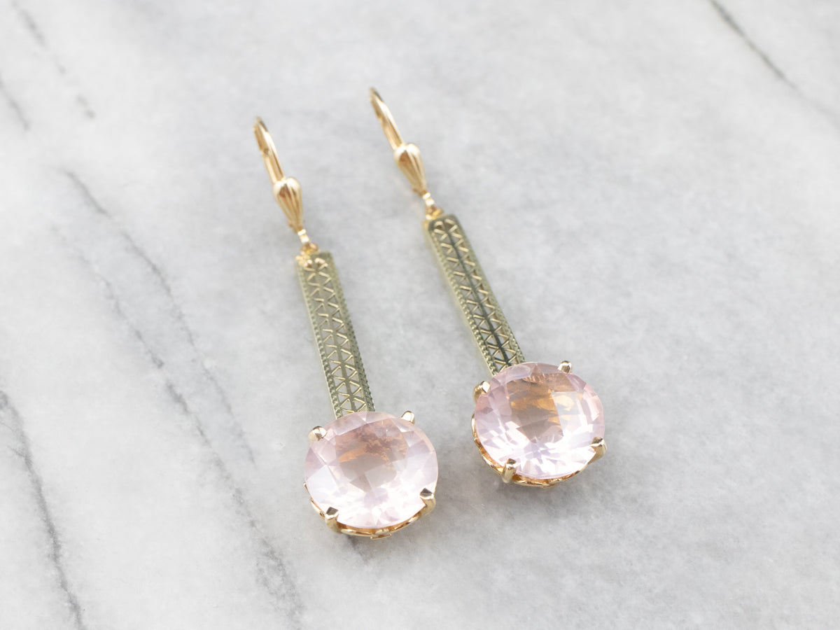 Rose Quartz Gold Filigree Bar Drop Earrings