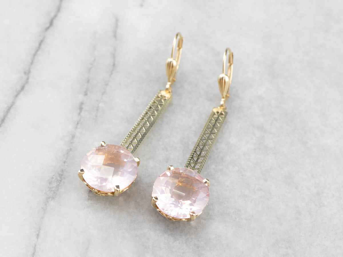 Rose Quartz Gold Filigree Bar Drop Earrings