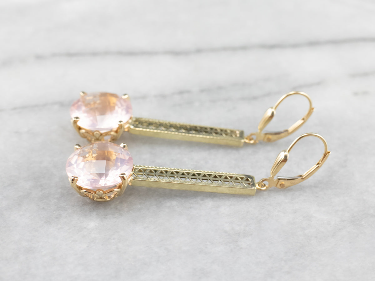 Rose Quartz Gold Filigree Bar Drop Earrings