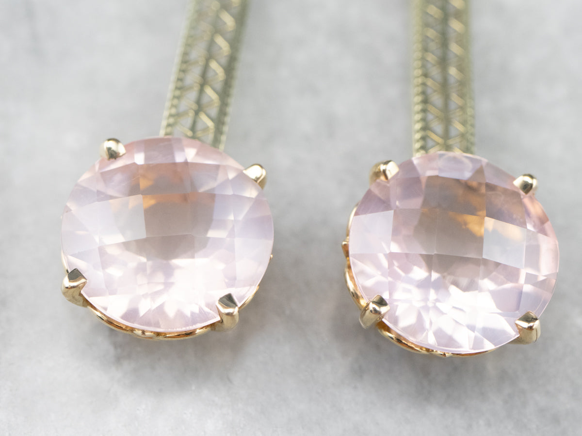 Rose Quartz Gold Filigree Bar Drop Earrings