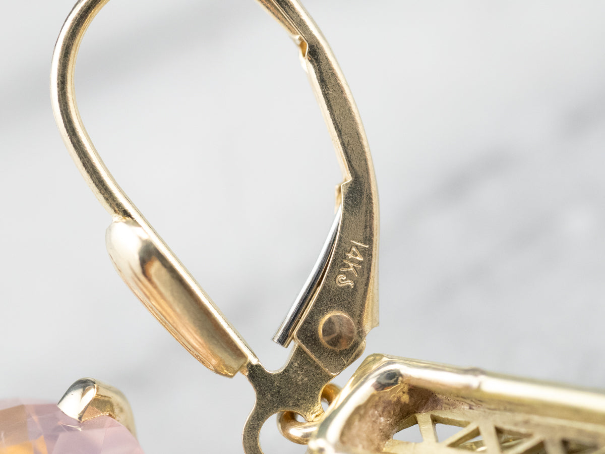 Rose Quartz Gold Filigree Bar Drop Earrings