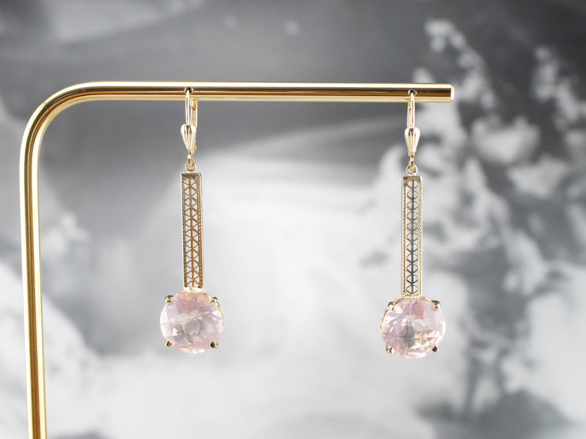 Rose Quartz Gold Filigree Bar Drop Earrings