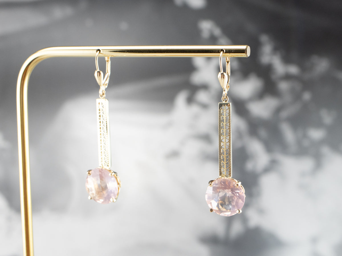 Rose Quartz Gold Filigree Bar Drop Earrings