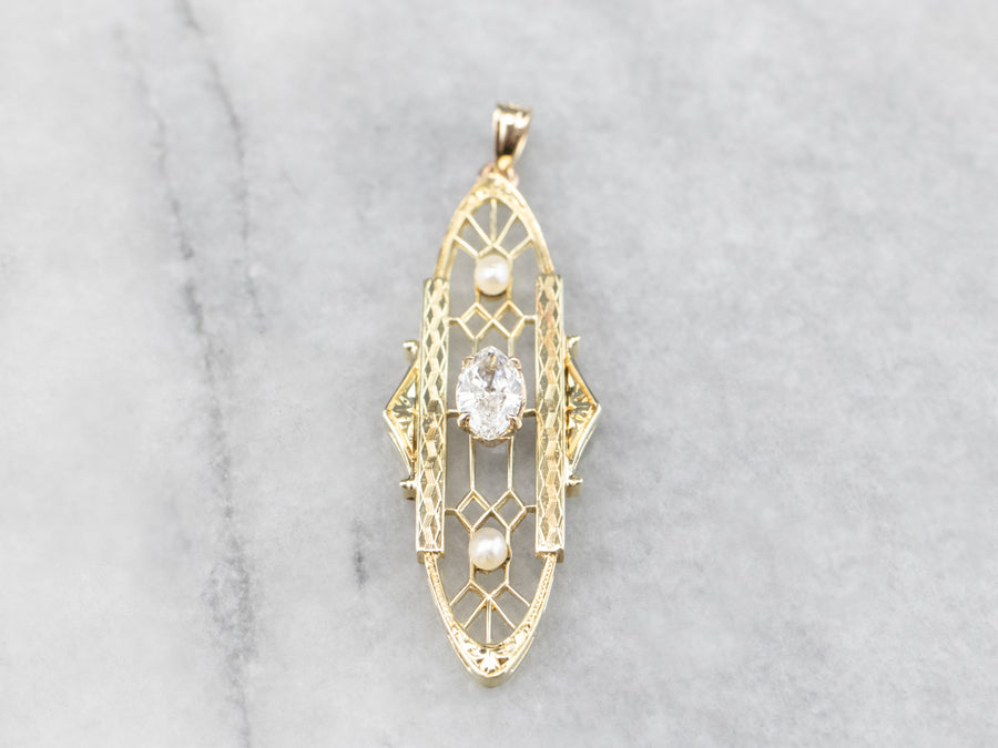 Antique Marquise Diamond and Pearl Lavalier