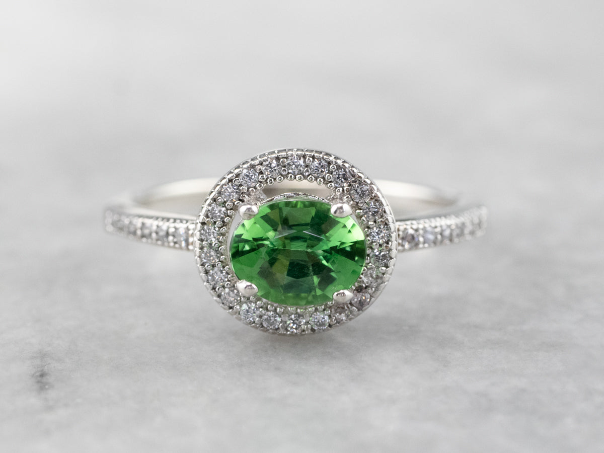 Sterling Silver Tsavorite Garnet and Cubic Zirconia Ring