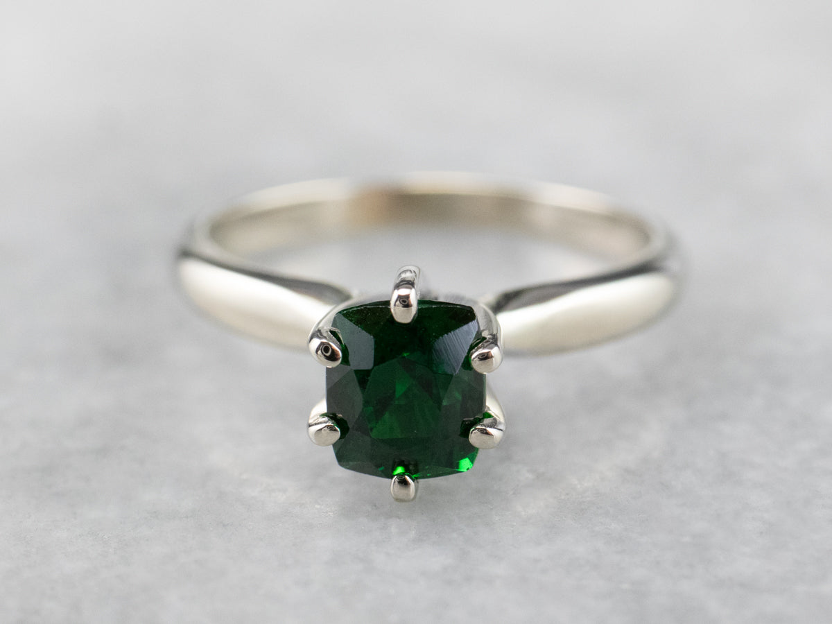 White Gold Green Garnet Solitaire Ring