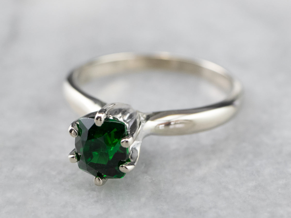 White Gold Green Garnet Solitaire Ring