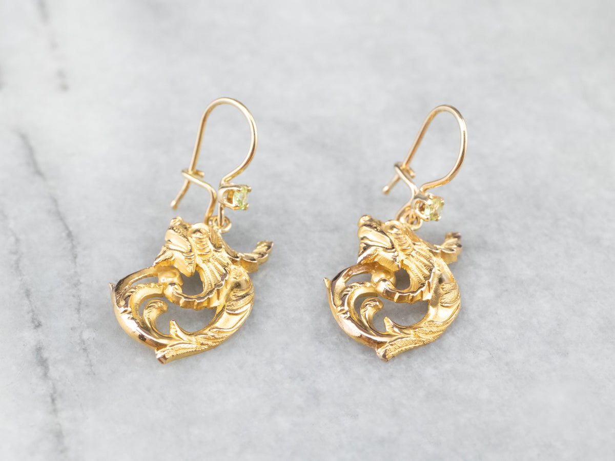 Peridot Scrolling Gold Dragon Drop Earrings