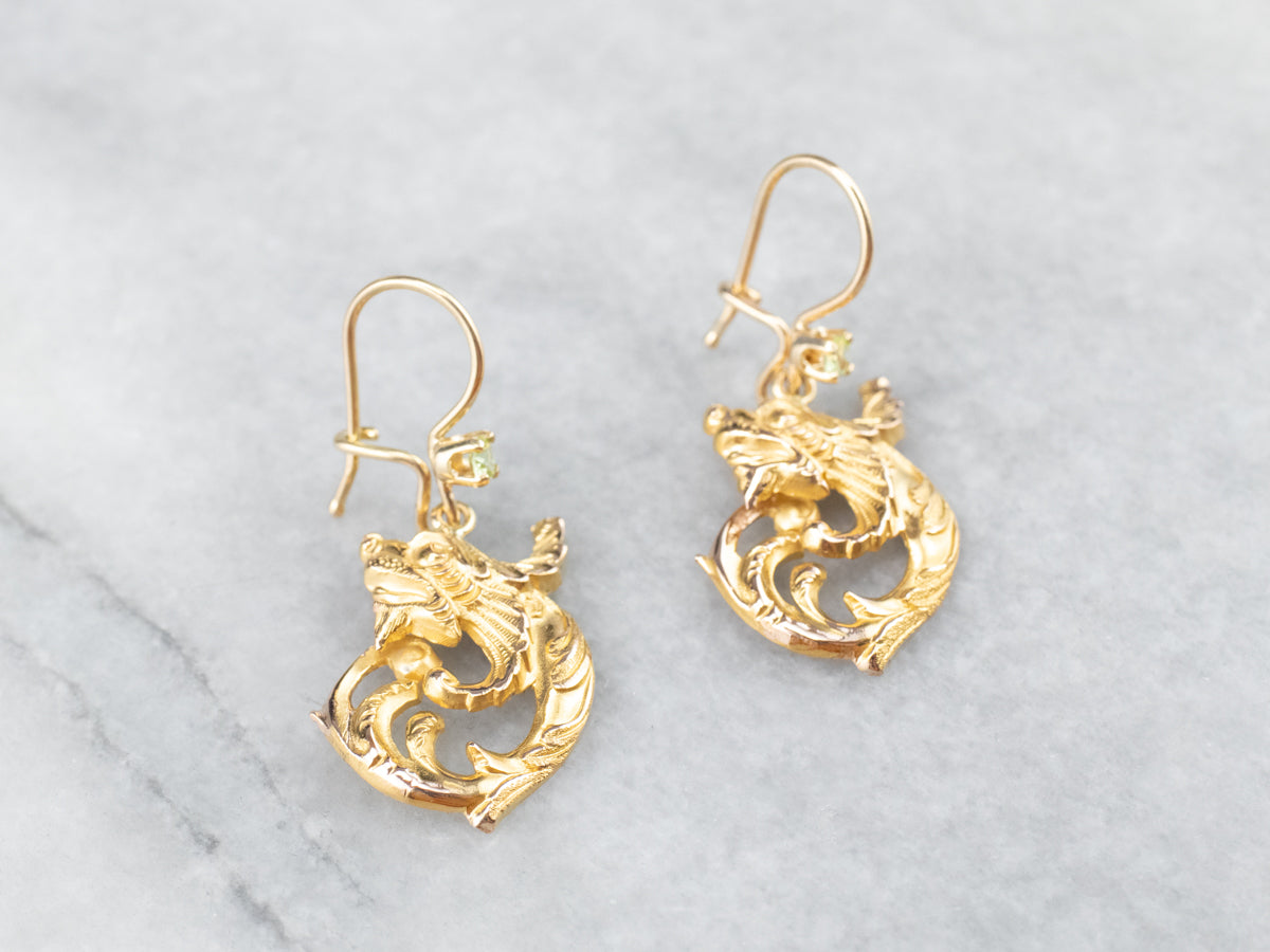 Peridot Scrolling Gold Dragon Drop Earrings