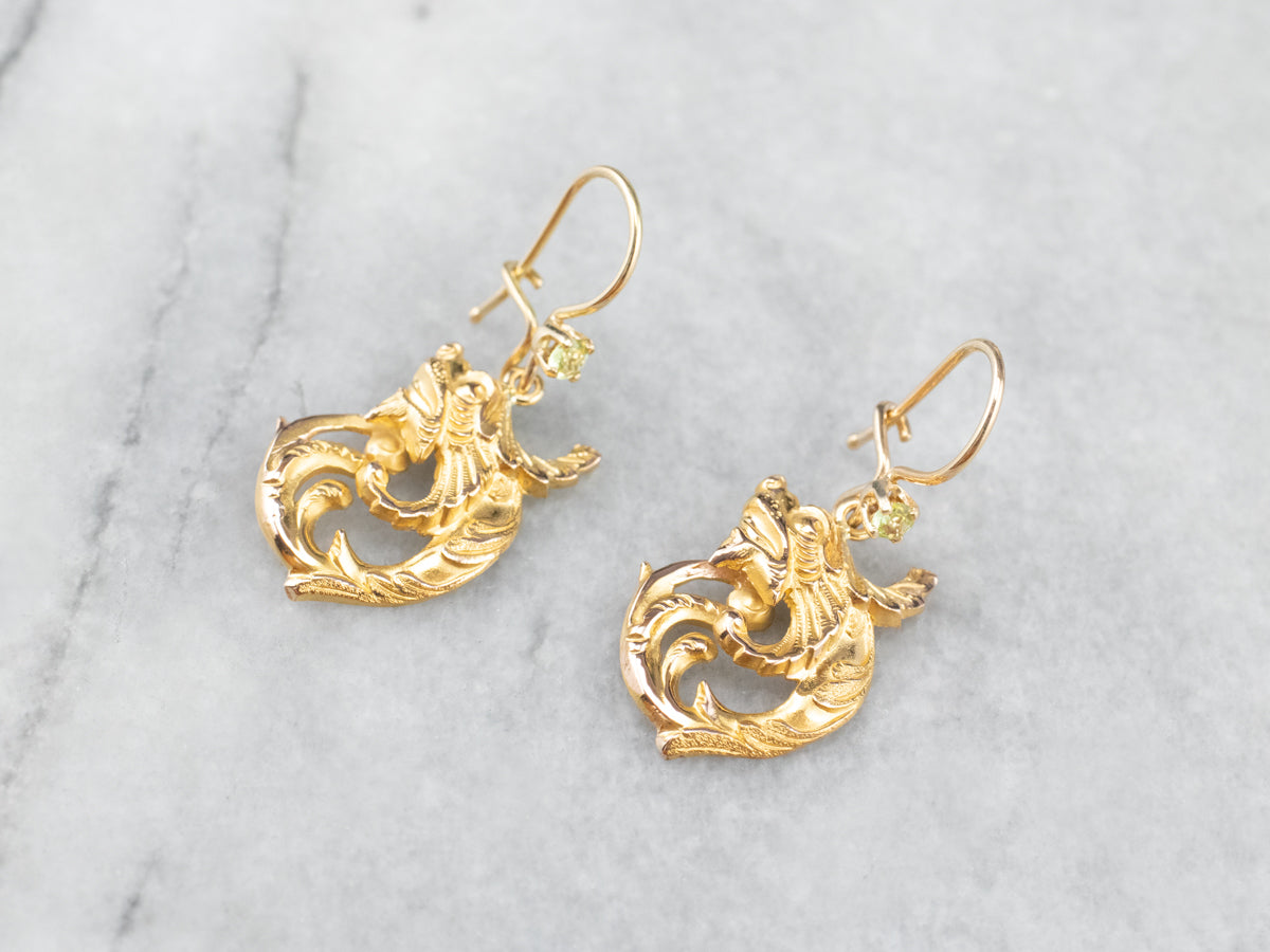 Peridot Scrolling Gold Dragon Drop Earrings