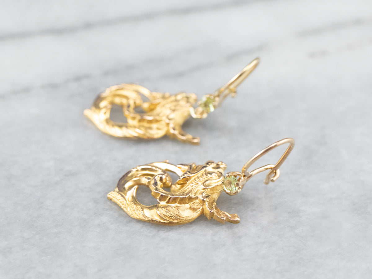 Peridot Scrolling Gold Dragon Drop Earrings
