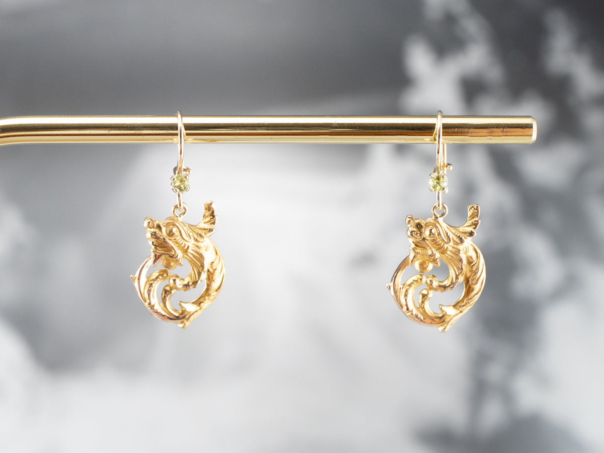 Peridot Scrolling Gold Dragon Drop Earrings