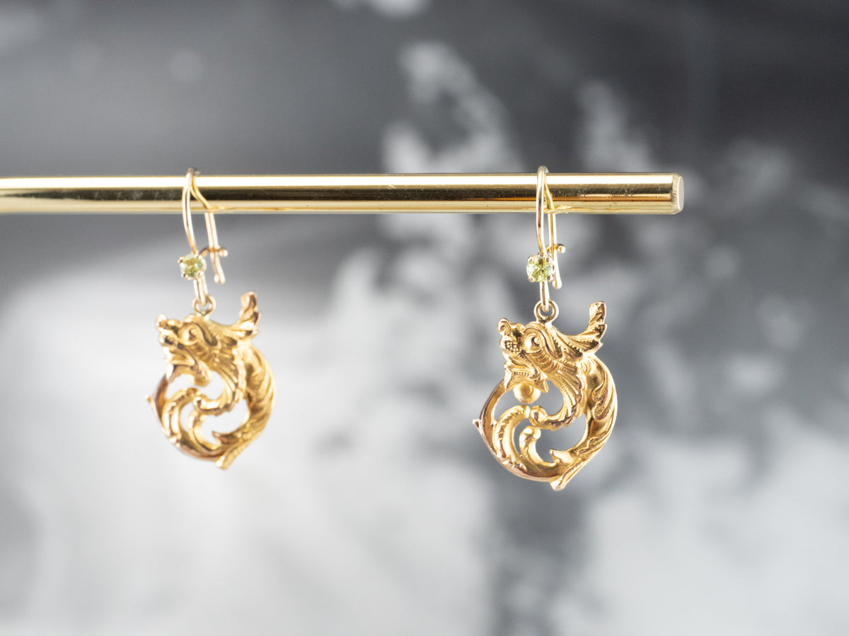 Peridot Scrolling Gold Dragon Drop Earrings