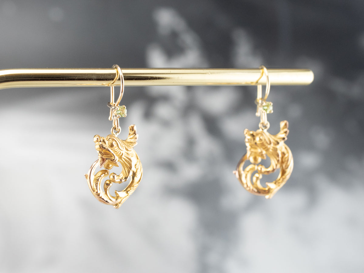Peridot Scrolling Gold Dragon Drop Earrings