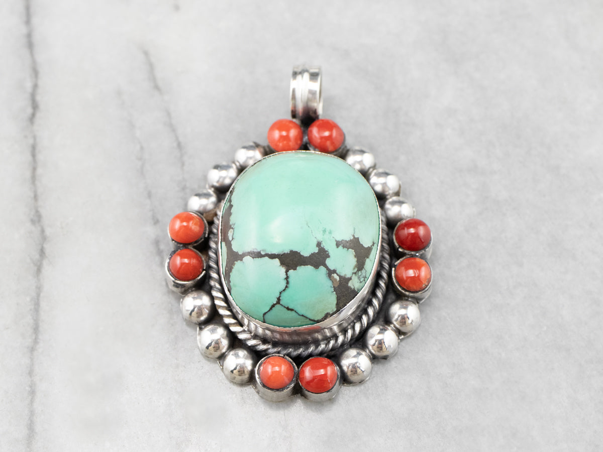 Turquoise Coral Sterling Silver Statement Pendant