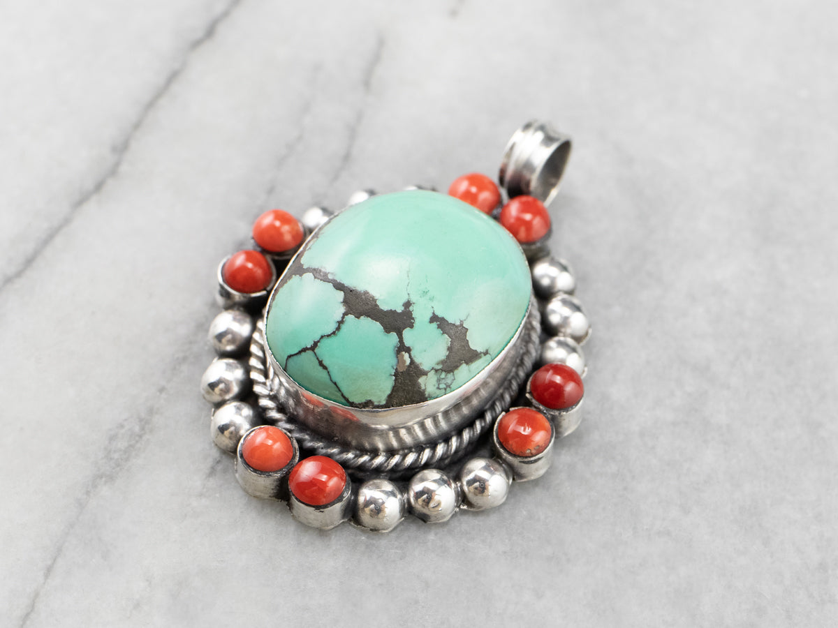 Turquoise Coral Sterling Silver Statement Pendant