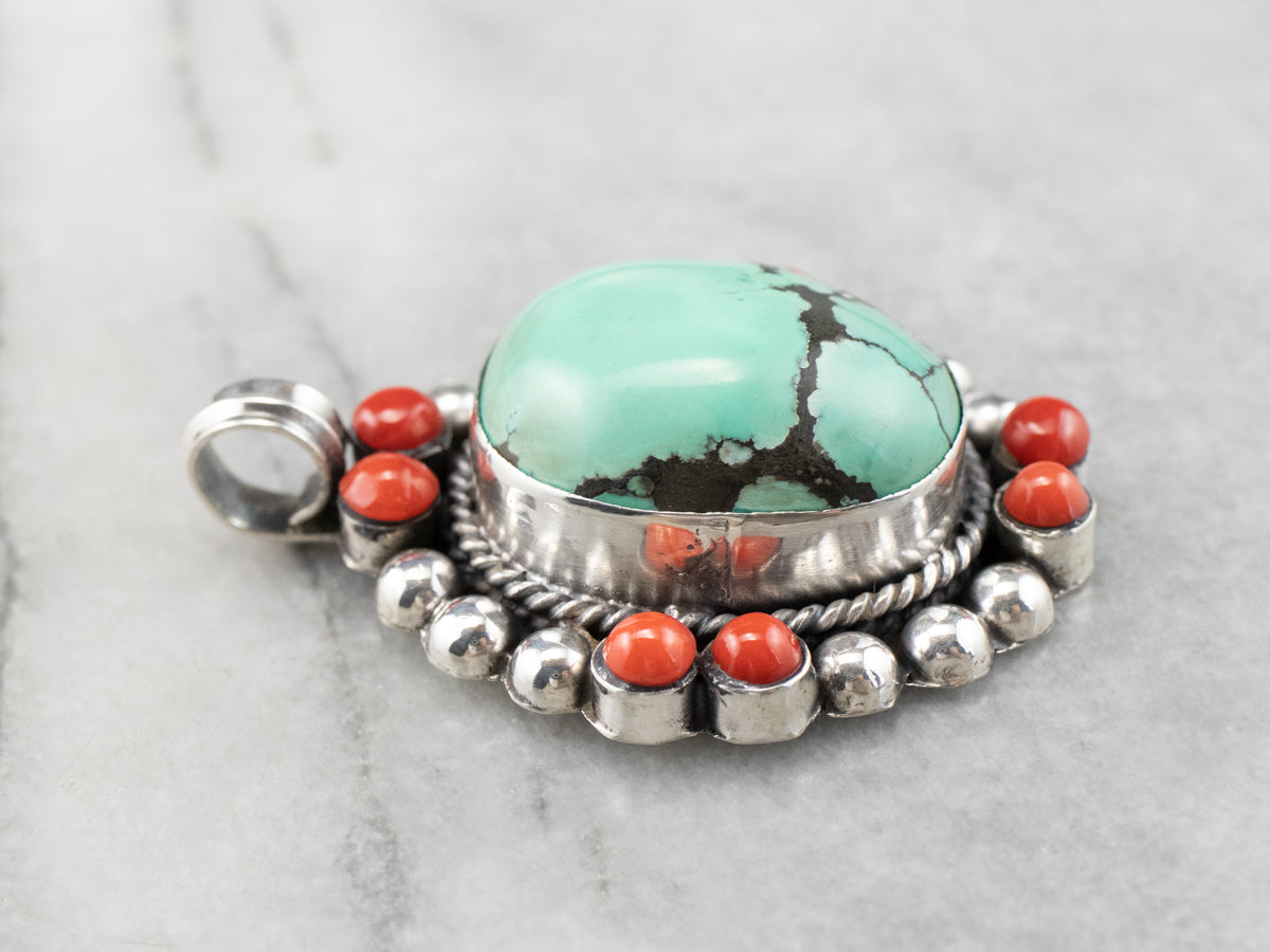 Turquoise Coral Sterling Silver Statement Pendant