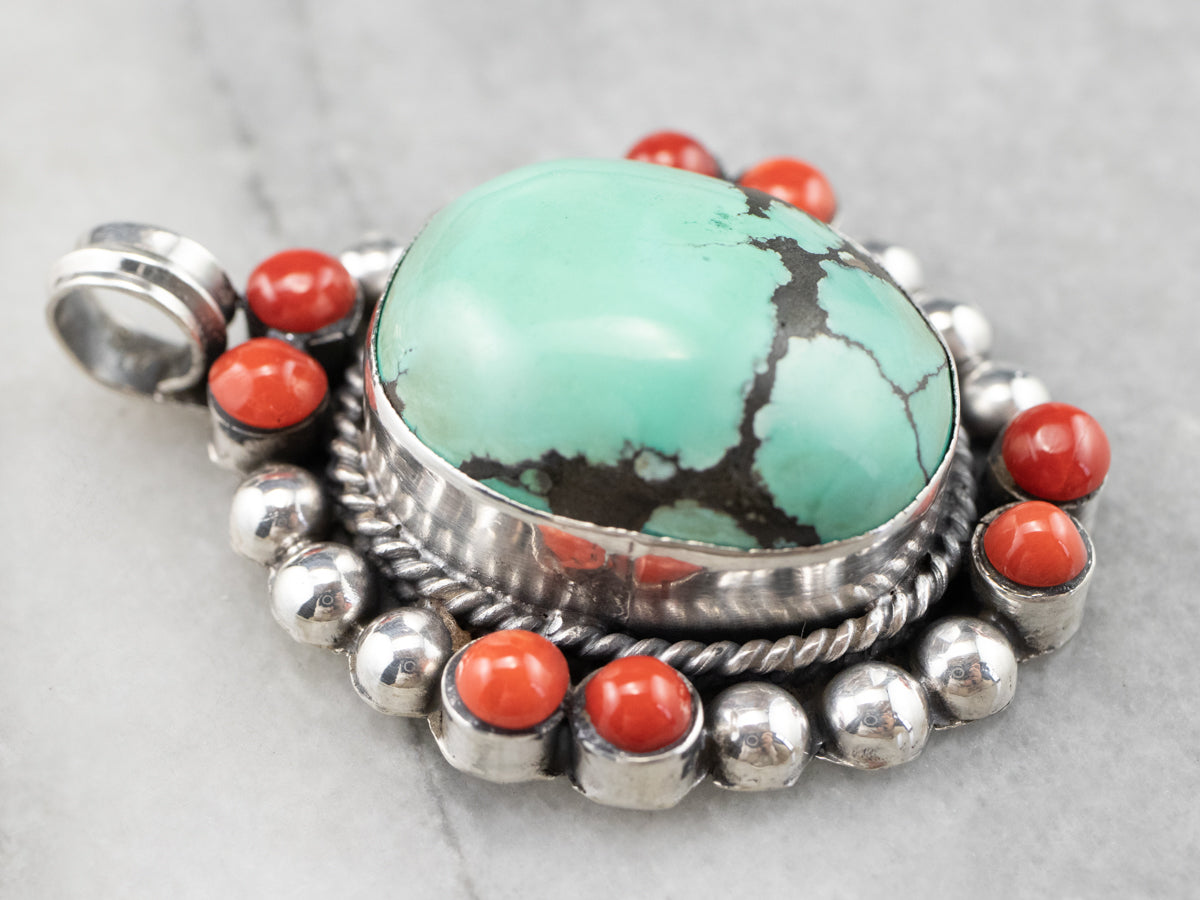 Turquoise Coral Sterling Silver Statement Pendant