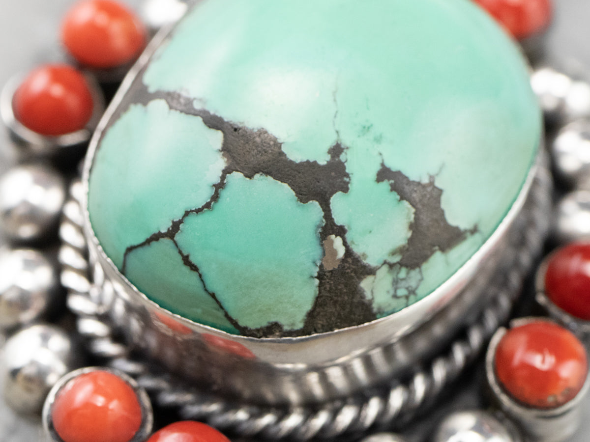 Turquoise Coral Sterling Silver Statement Pendant