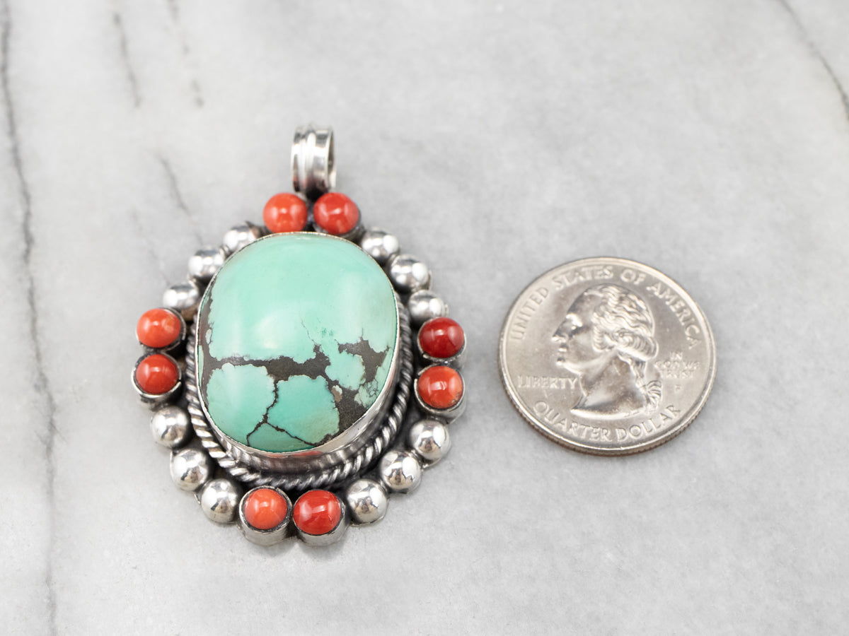 Turquoise Coral Sterling Silver Statement Pendant