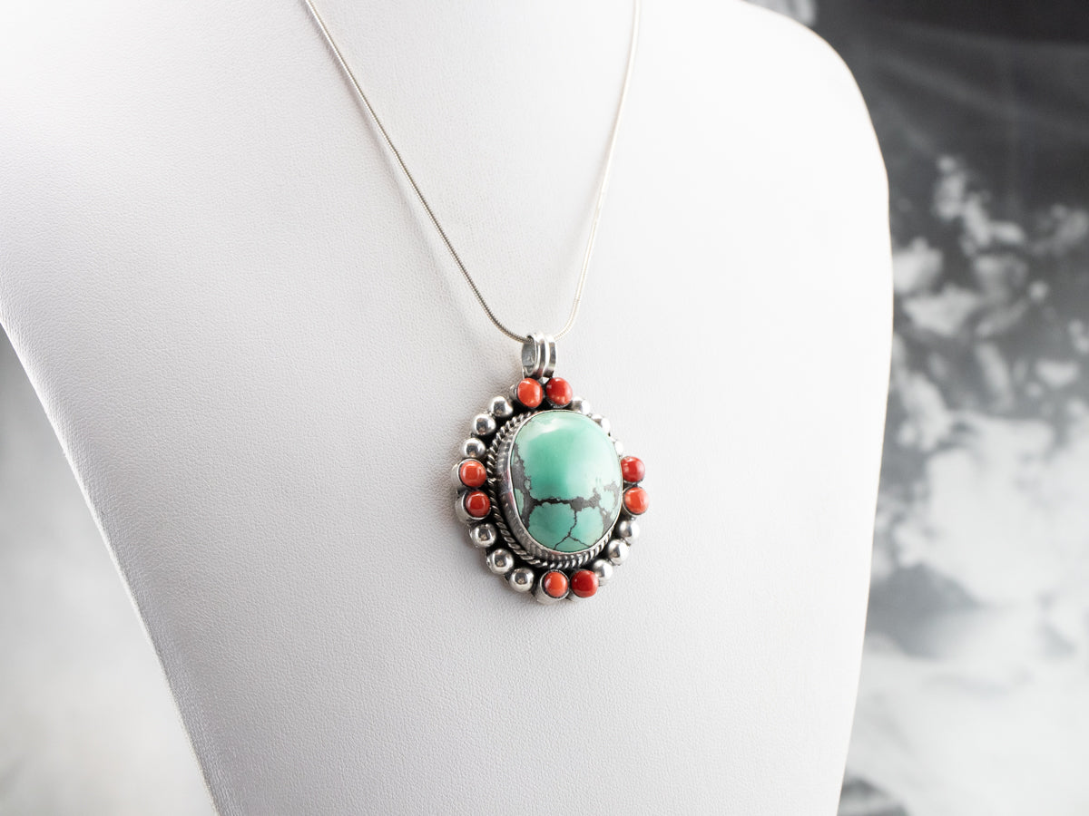 Turquoise Coral Sterling Silver Statement Pendant