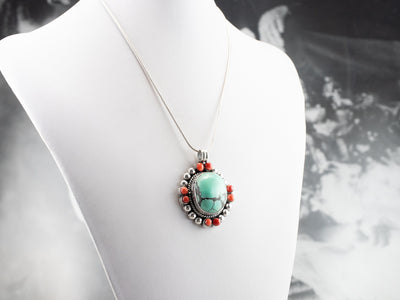 Turquoise Coral Sterling Silver Statement Pendant