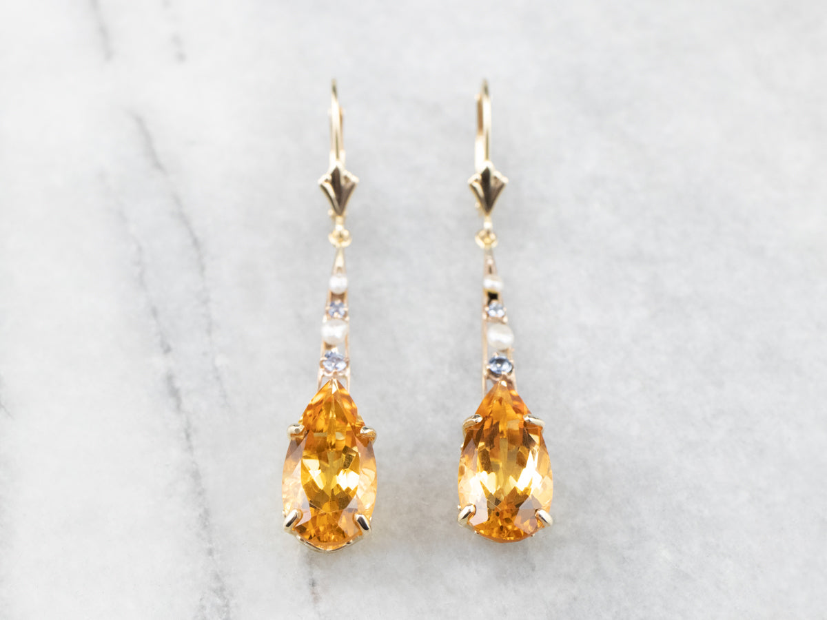 Pear Cut Citrine Gold Bar Drop Earrings