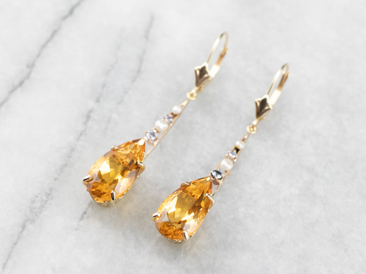 Pear Cut Citrine Gold Bar Drop Earrings