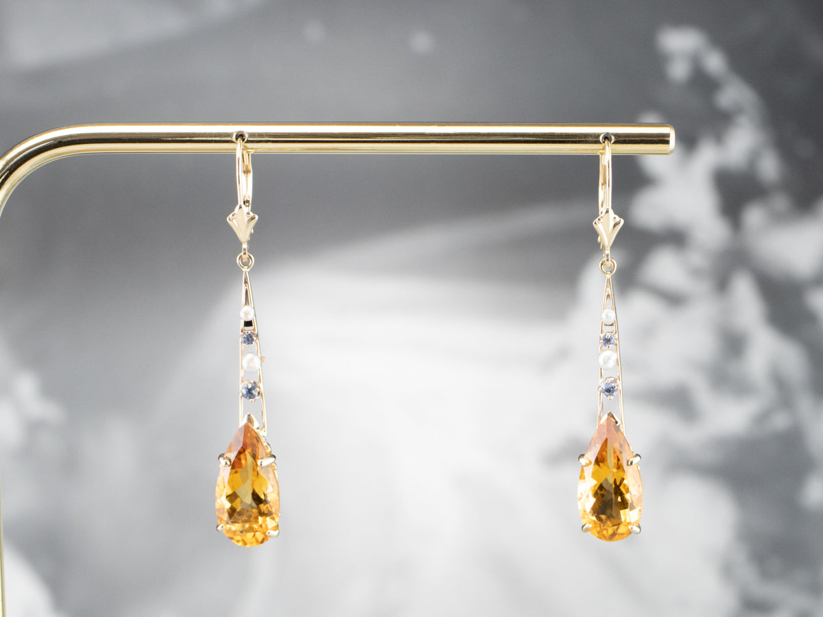 Pear Cut Citrine Gold Bar Drop Earrings