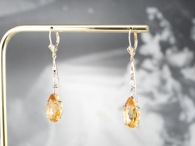 Pear Cut Citrine Gold Bar Drop Earrings