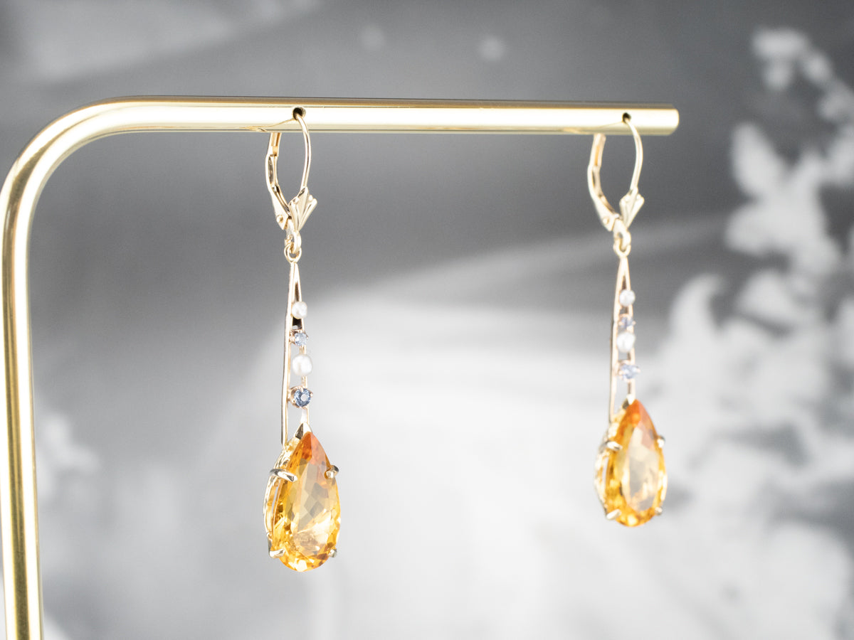 Pear Cut Citrine Gold Bar Drop Earrings