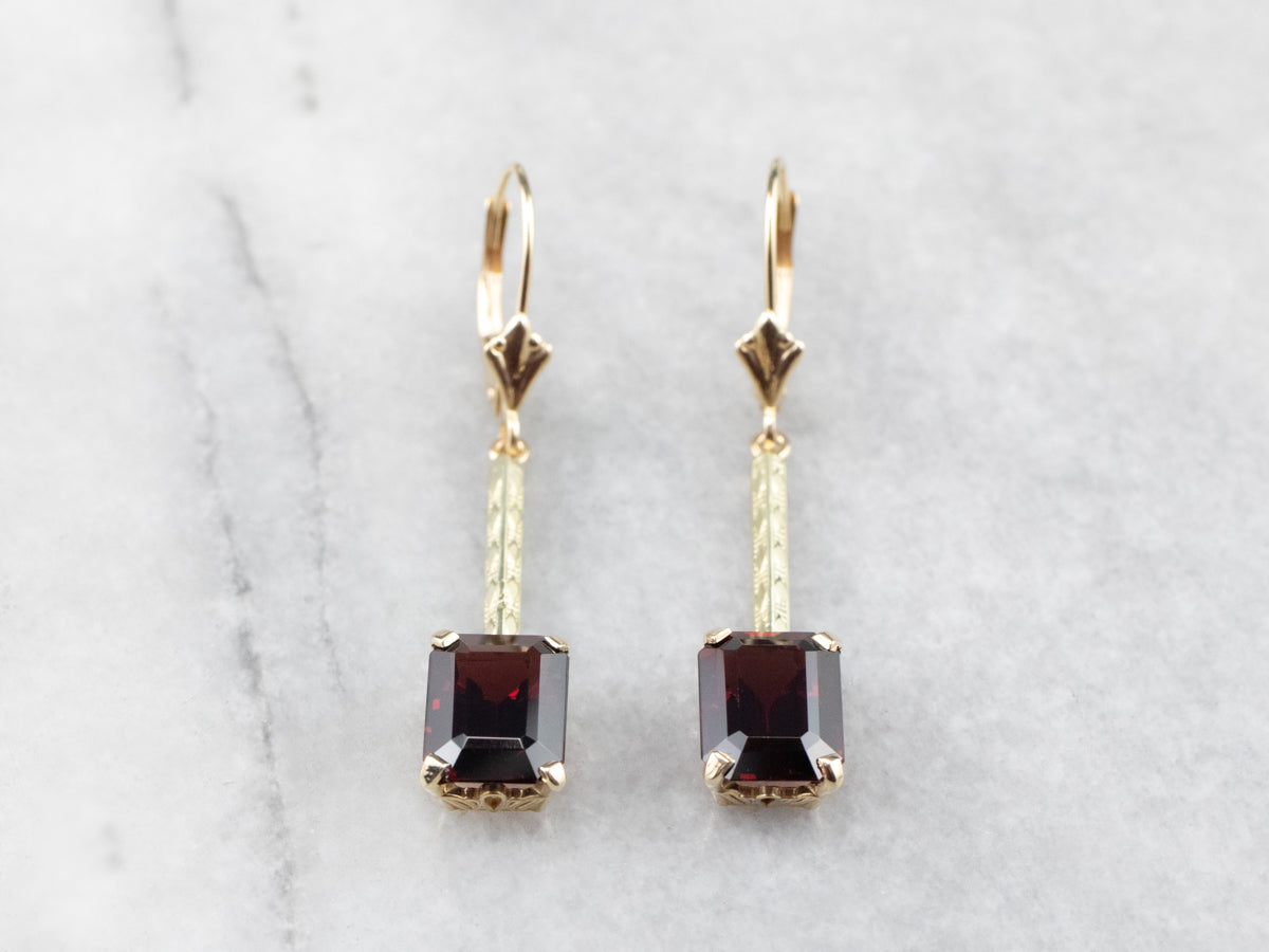 Emerald Cut Garnet Gold Bar Drop Earrings