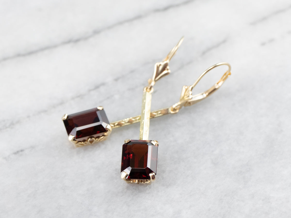 Emerald Cut Garnet Gold Bar Drop Earrings
