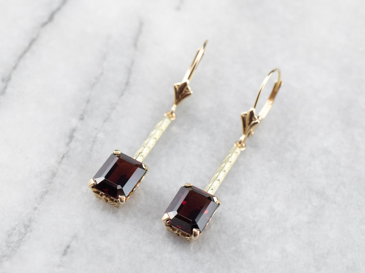 Emerald Cut Garnet Gold Bar Drop Earrings