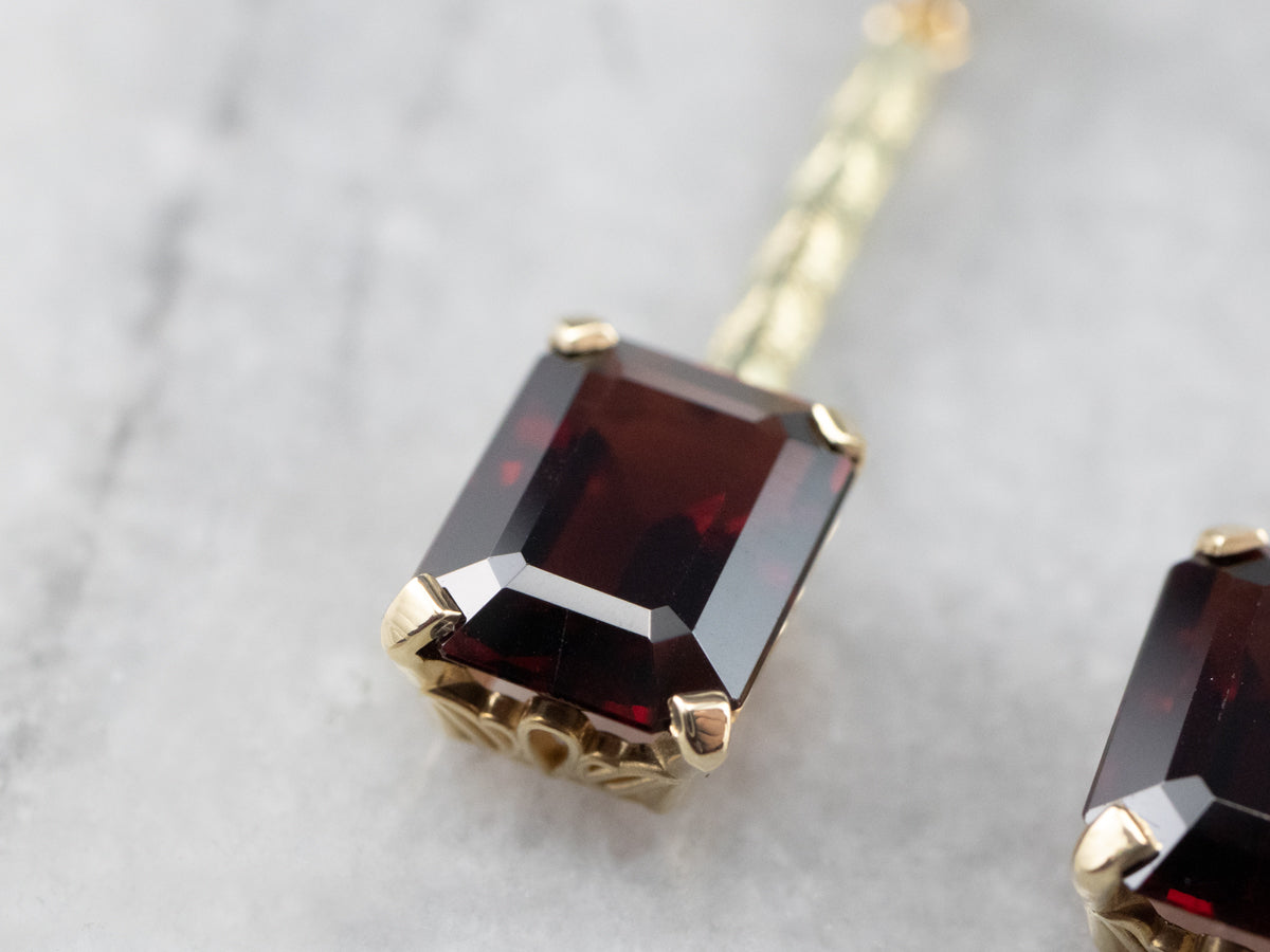 Emerald Cut Garnet Gold Bar Drop Earrings