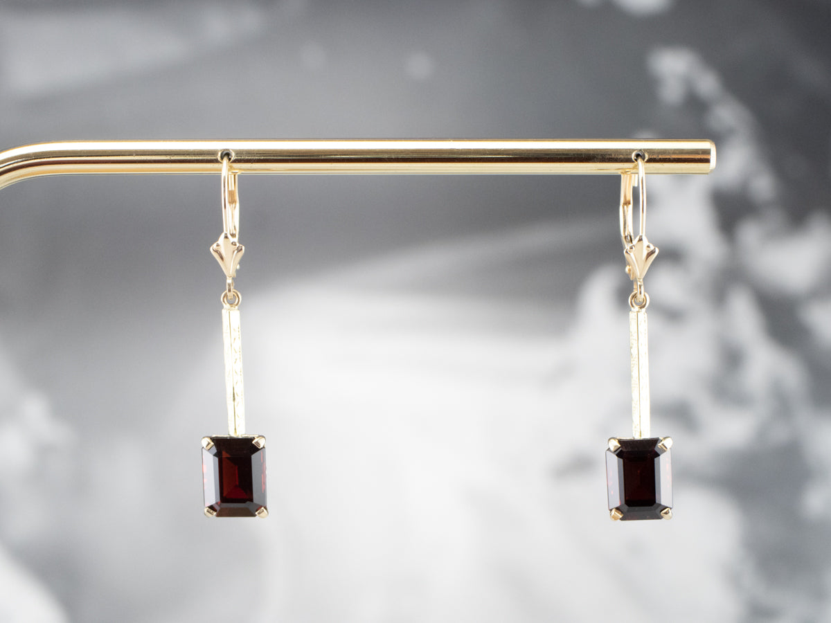 Emerald Cut Garnet Gold Bar Drop Earrings
