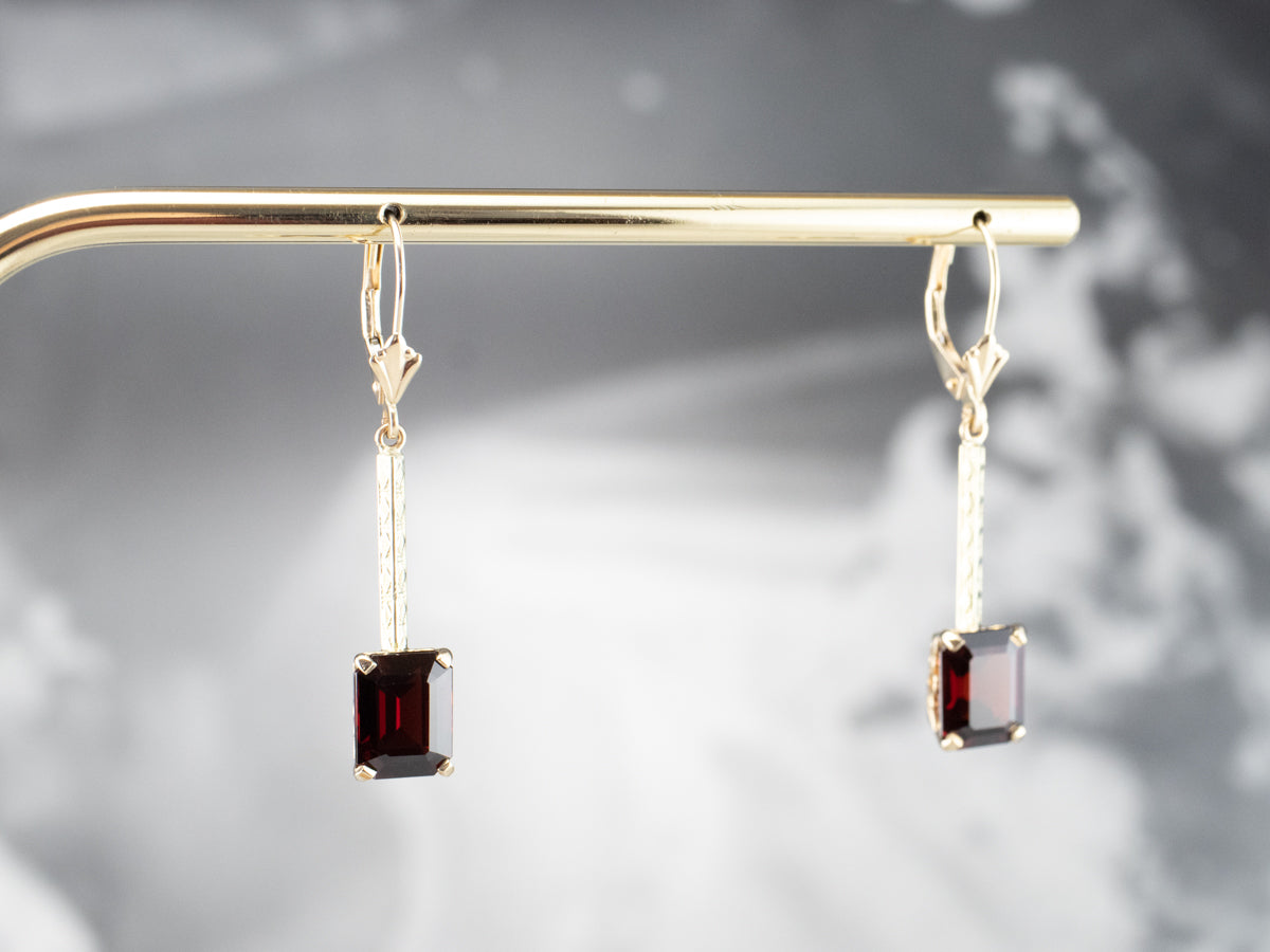 Emerald Cut Garnet Gold Bar Drop Earrings