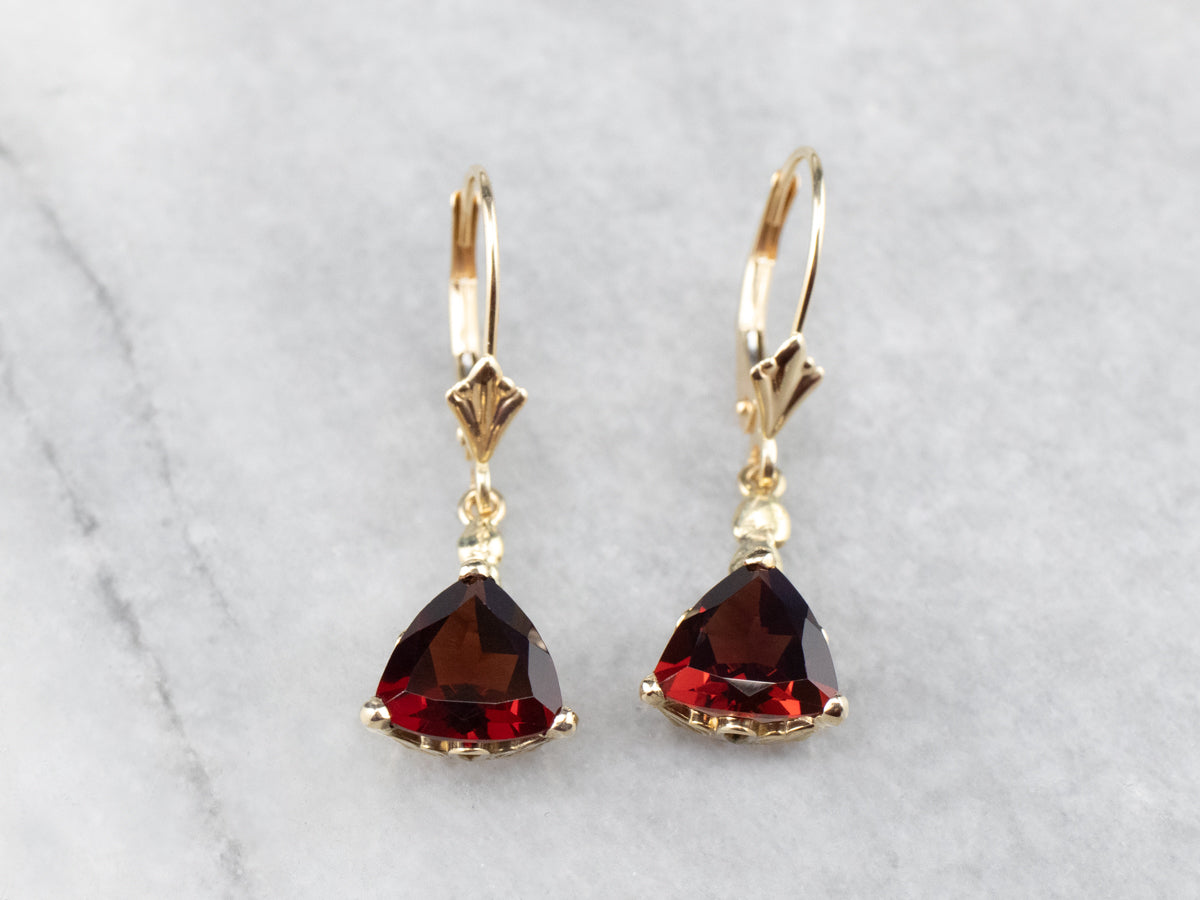 Trillion Cut Garnet Gold Drop Earrings