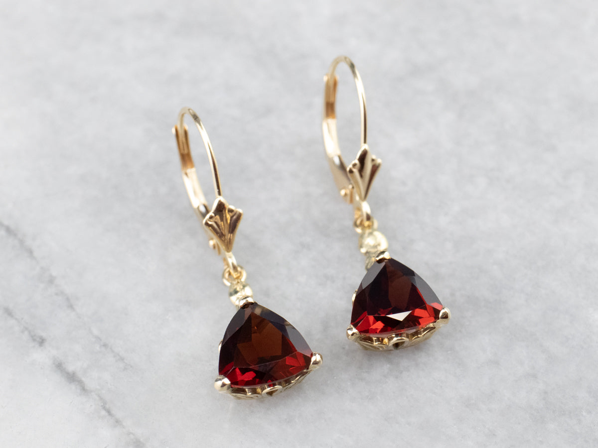 Trillion Cut Garnet Gold Drop Earrings