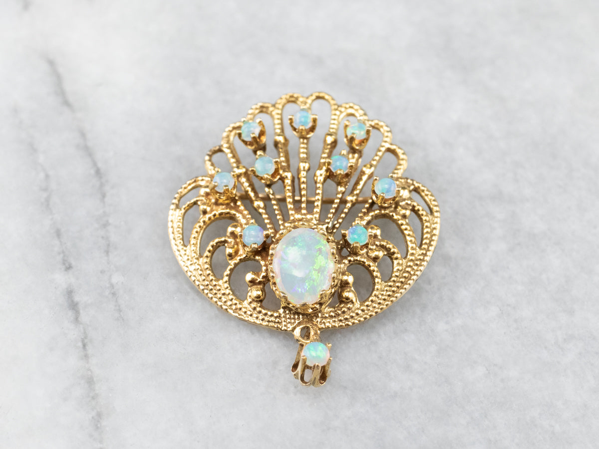 Ornate Opal Gold Filigree Brooch Pendant