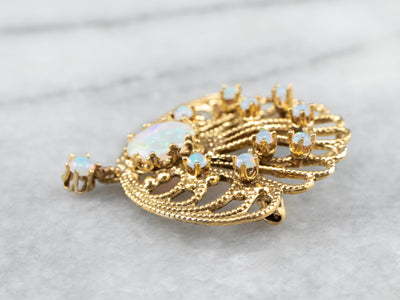 Ornate Opal Gold Filigree Brooch Pendant